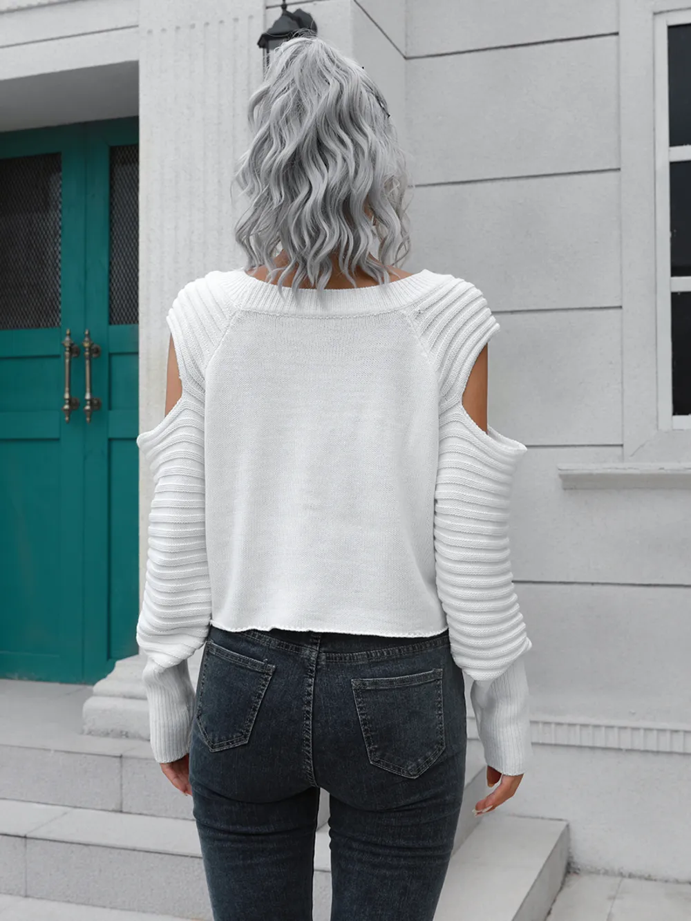 Cold-Shoulder Ribbed Trim Sweater, image 7