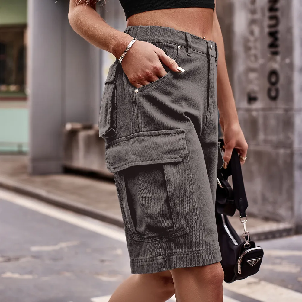 Denim Cargo Shorts with Pockets, image 12