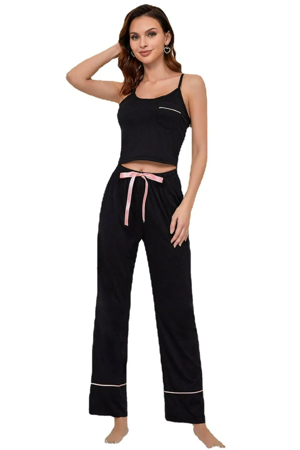 Contrast Trim Cropped Cami and Pants Loungewear Set, image 3