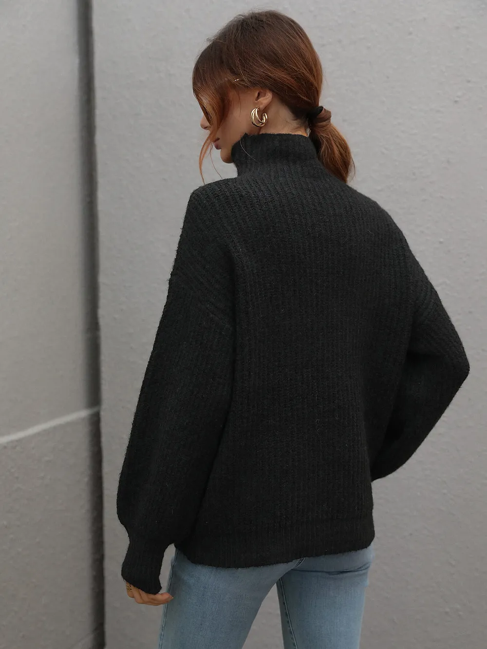 High Neck Balloon Sleeve Rib-Knit Pullover Sweater, image 15
