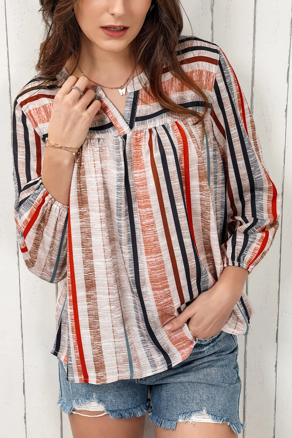 Multicolored Stripe Notched Neck Top, image 4