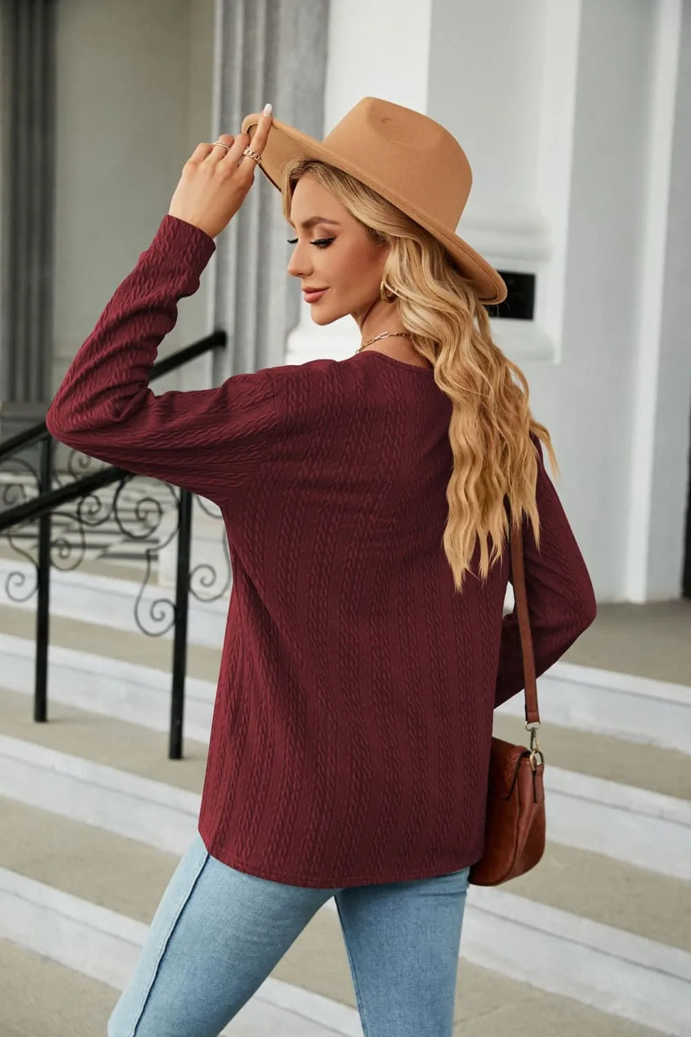 Decorative Button V-Neck Long Sleeve T-Shirt, image 25