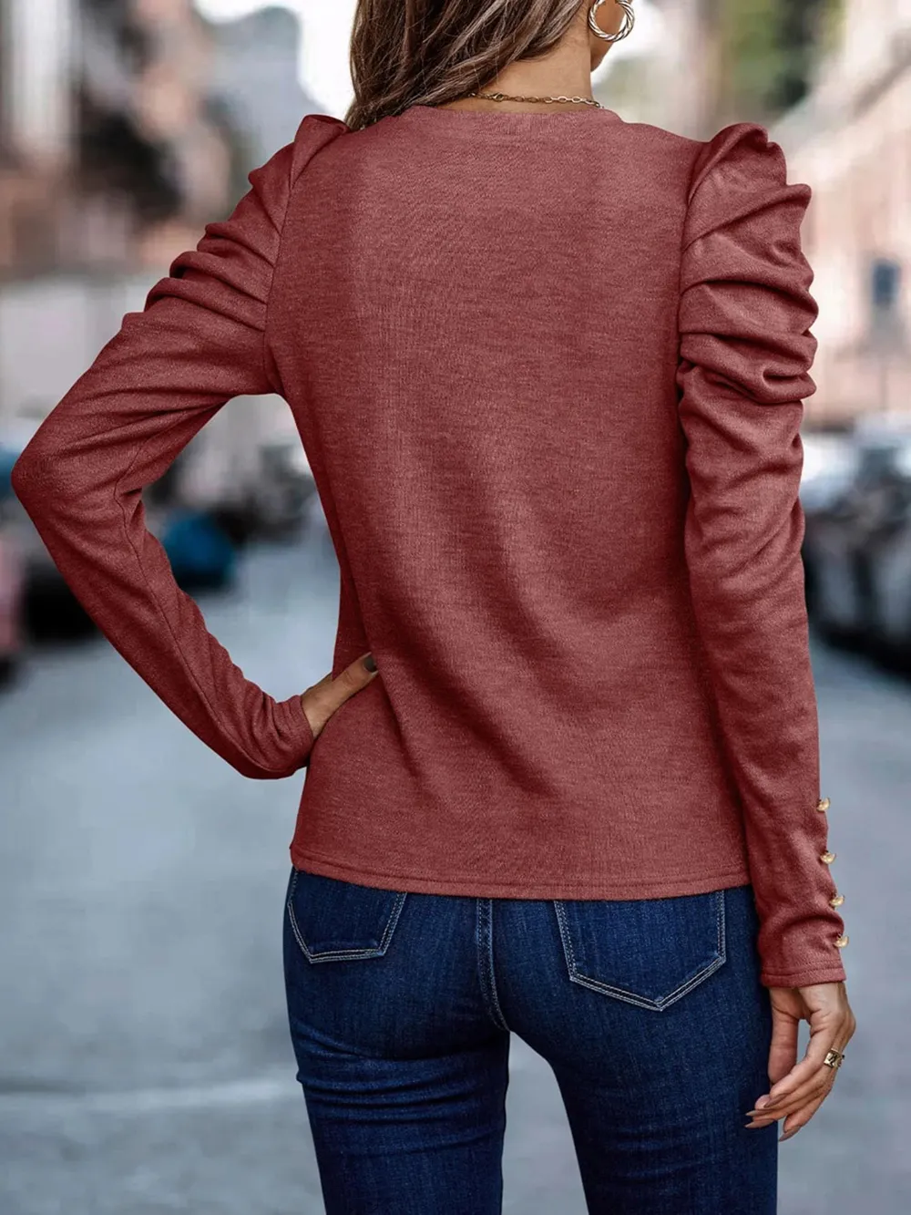 Decorative Button Puff Sleeve T-Shirt, image 3