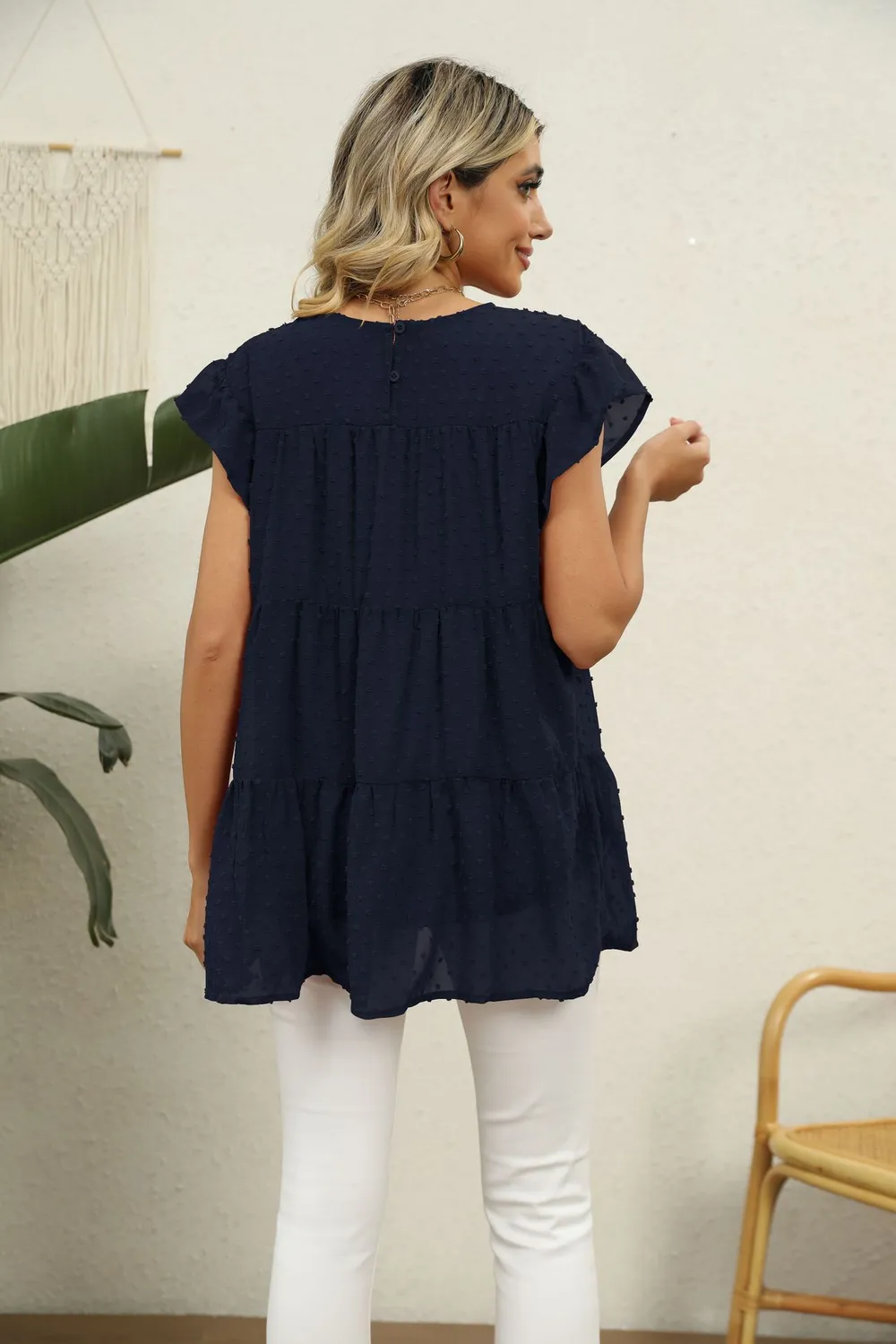 Swiss Dot Round Neck Tiered Blouse, image 13
