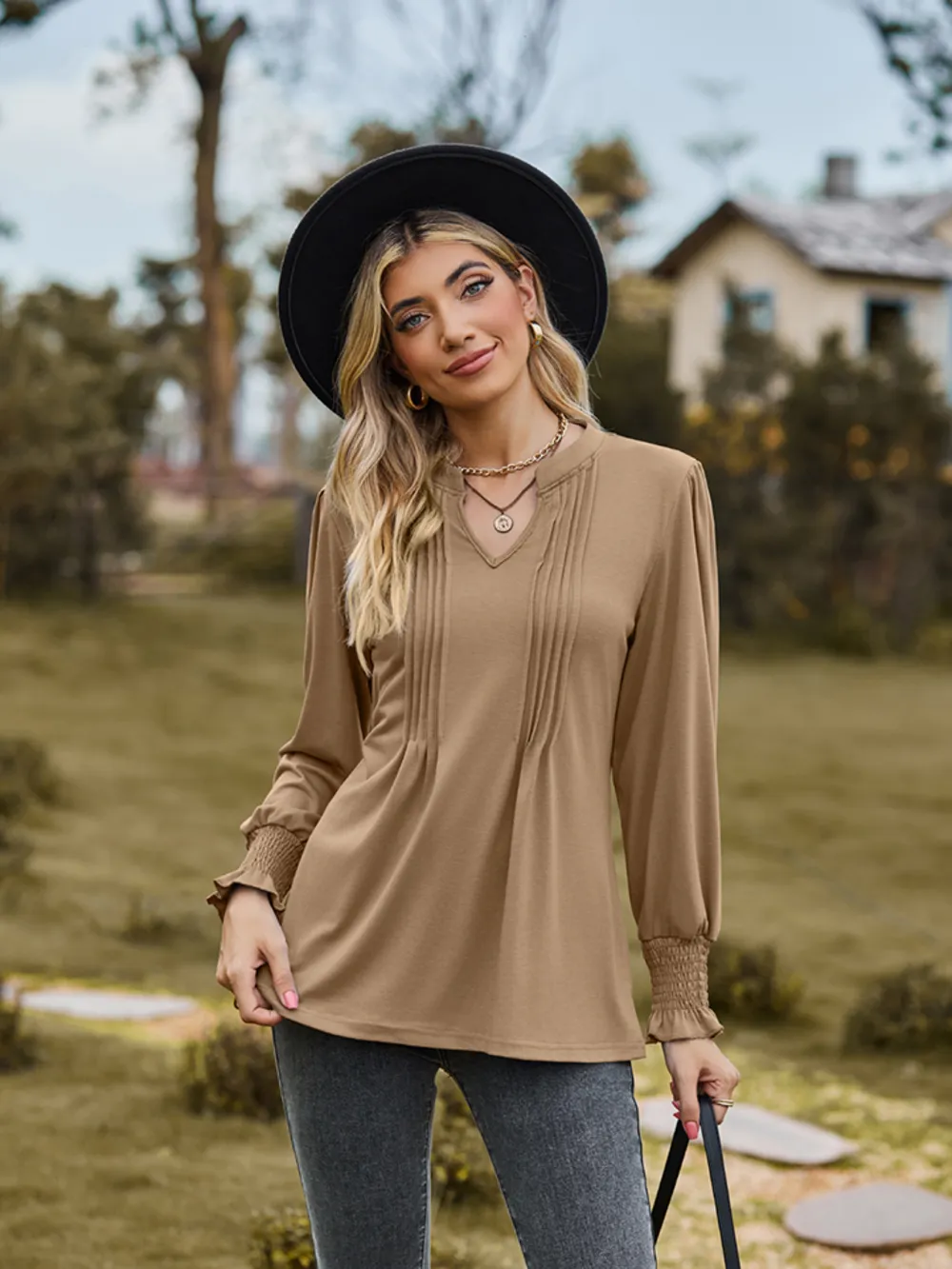 Notched Neck Flounce Sleeve Blouse, image 11