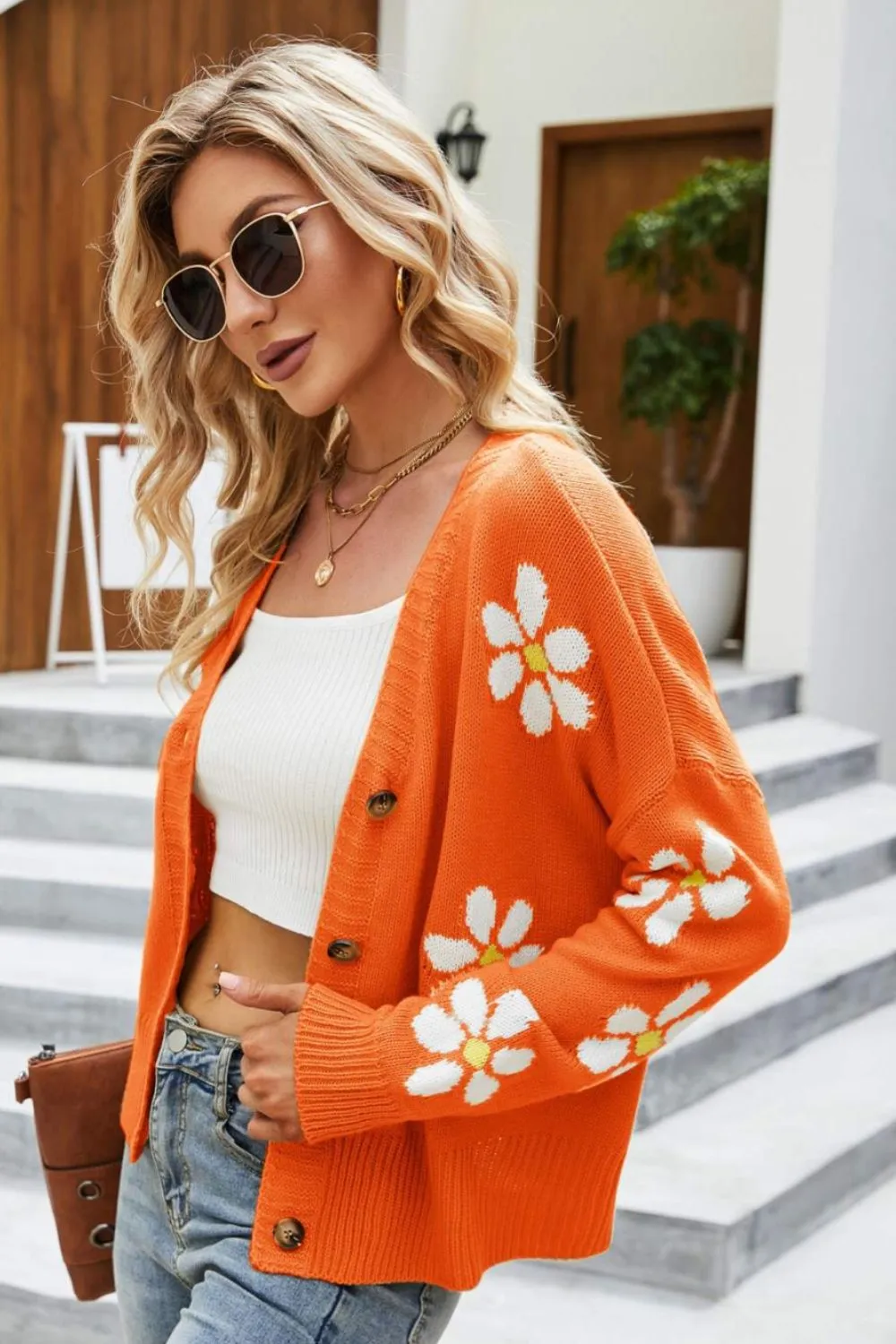 Floral Ribbed Trim Drop Shoulder Cardigan, image 16