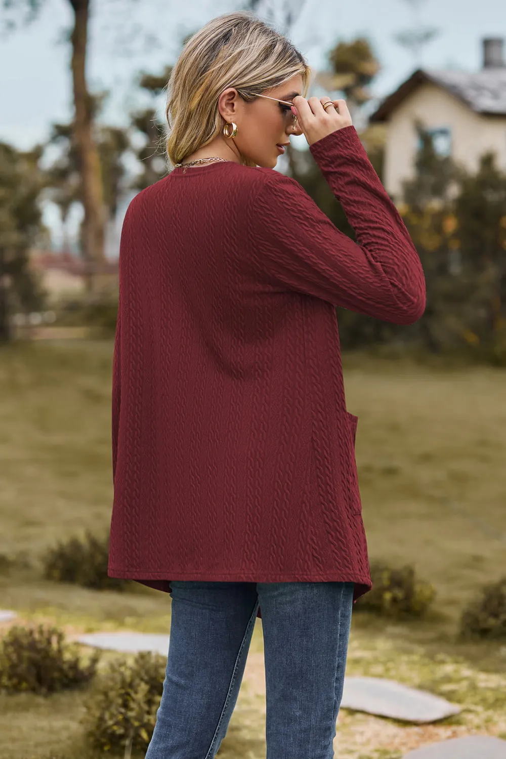 Cable-Knit Long Sleeve Cardigan with Pocket, image 10