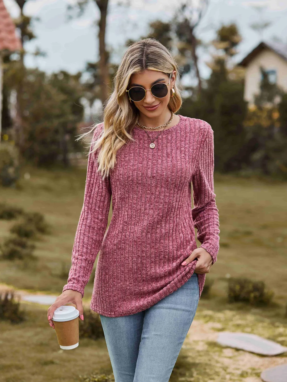 Ribbed Round Neck Long Sleeve Tee, image 4