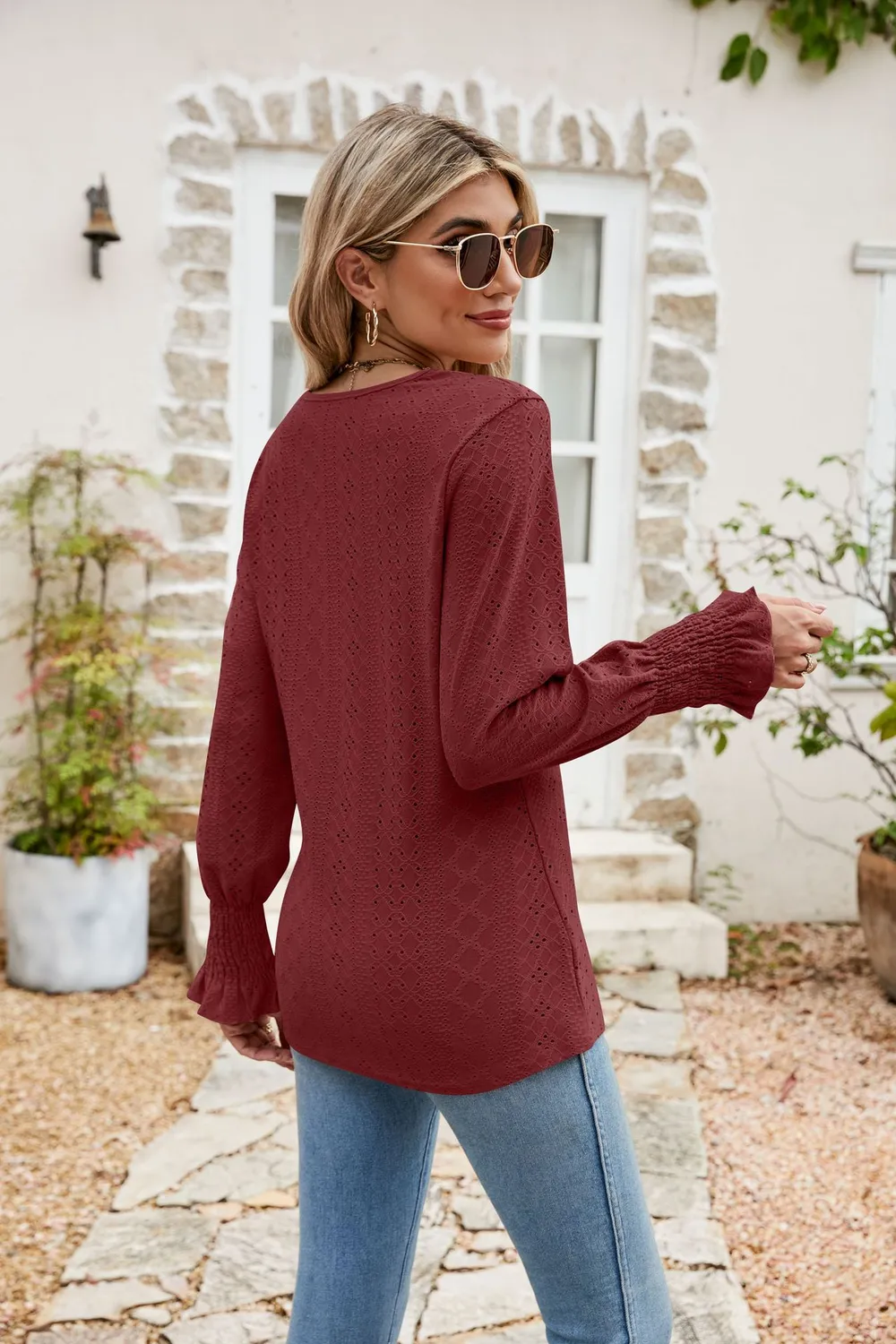 Eyelet V-Neck Smocked Flounce Sleeve Blouse, image 13