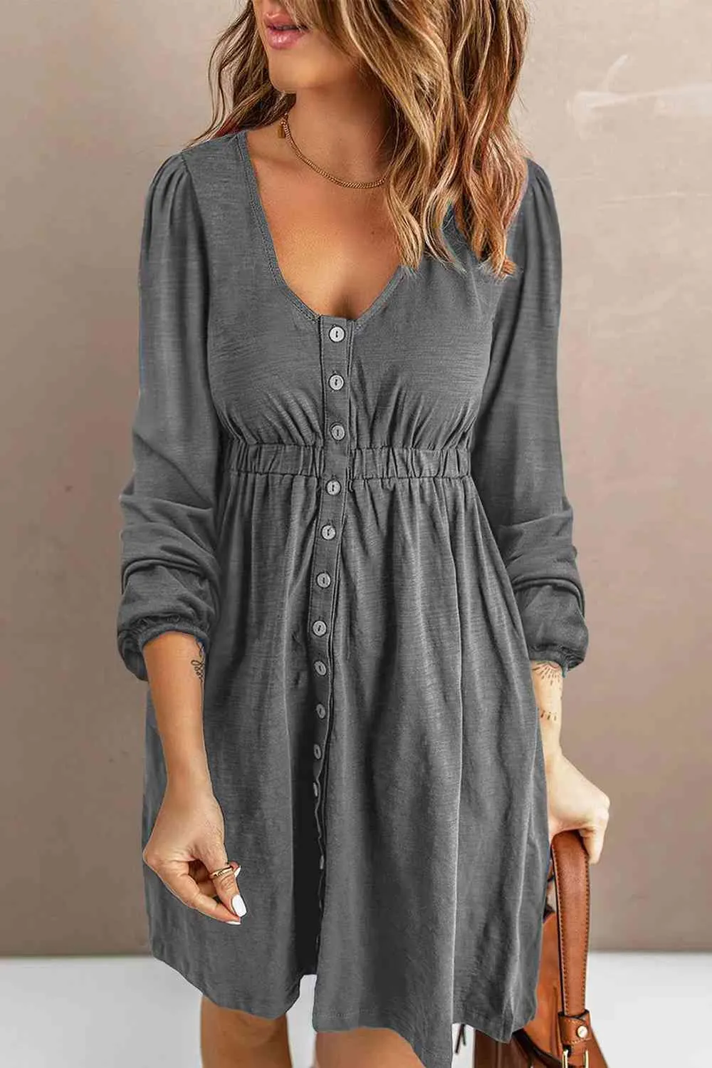 Scoop Neck Empire Waist Long Sleeve Mini Dress, image 10