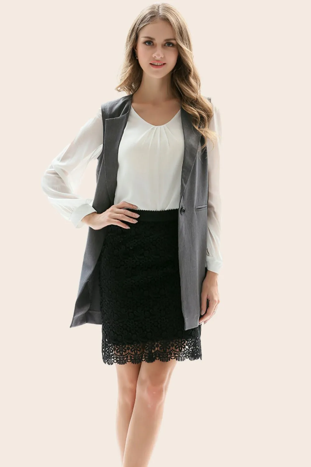 One-Button Sleeveless Longline Blazer, image 10