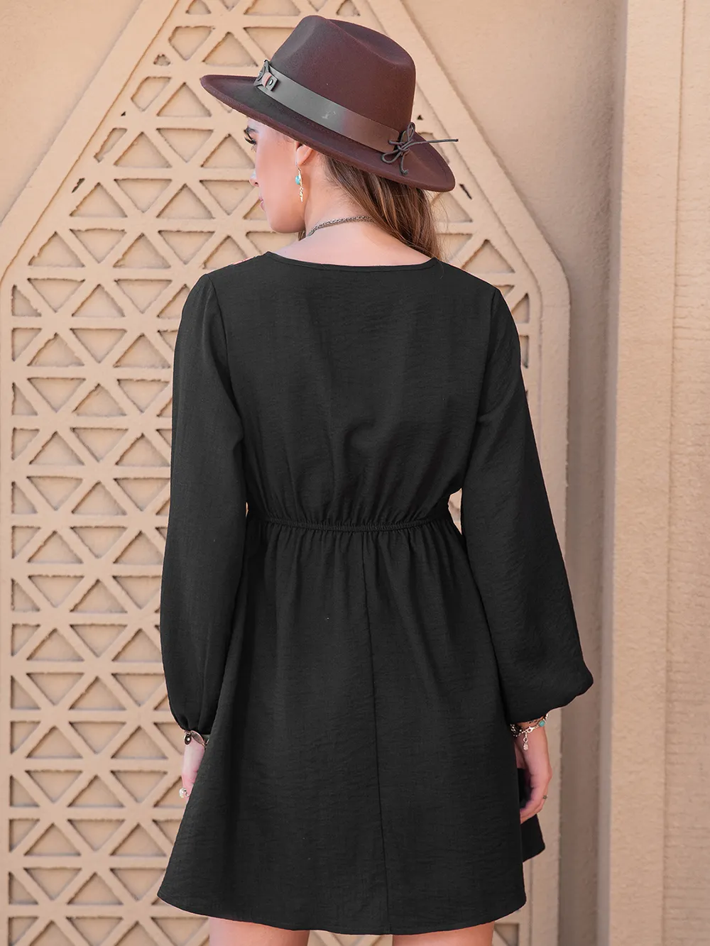 Notched Neck Long Sleeve Printed Mini Dress, image 5