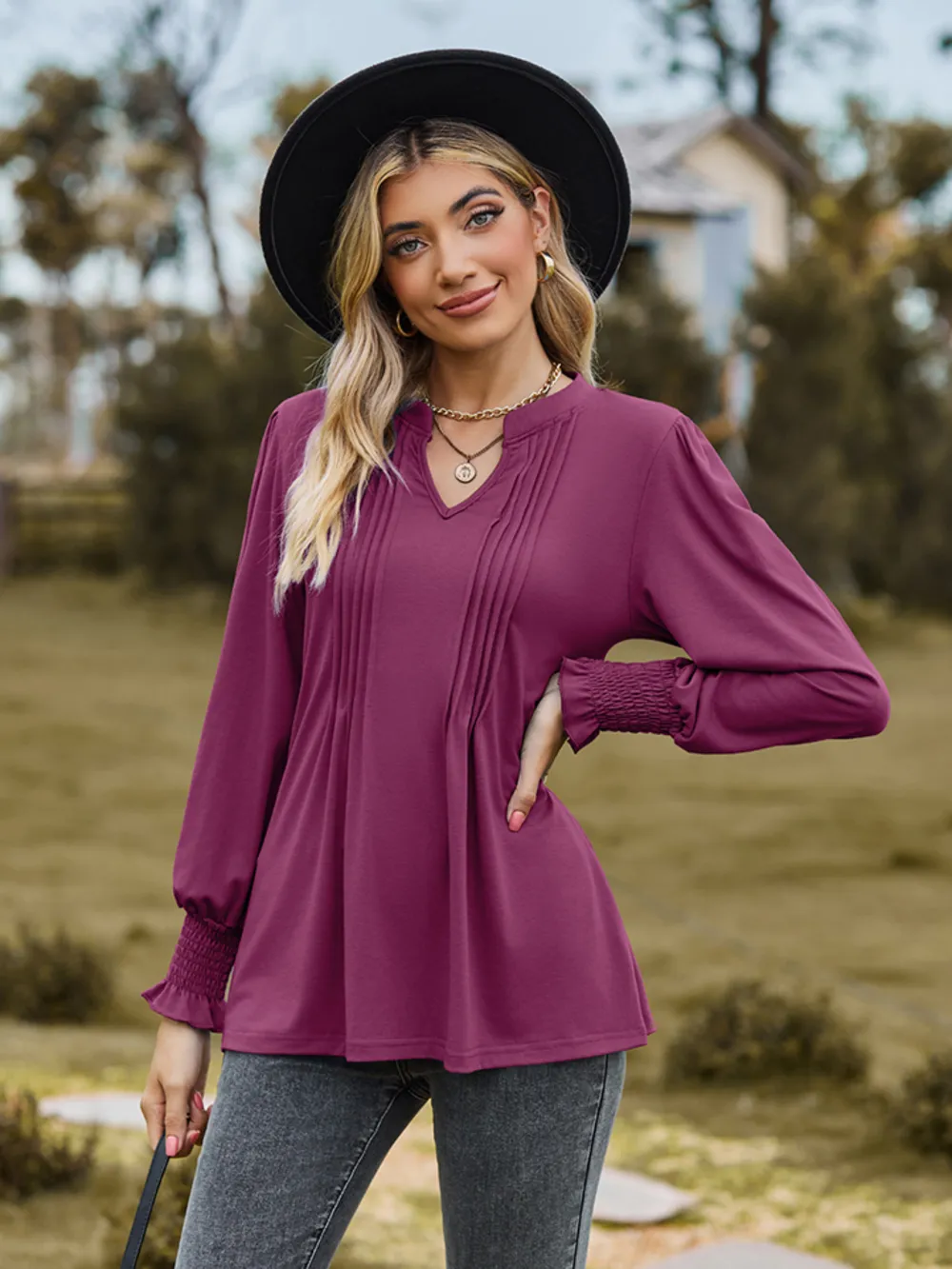Notched Neck Flounce Sleeve Blouse, image 12