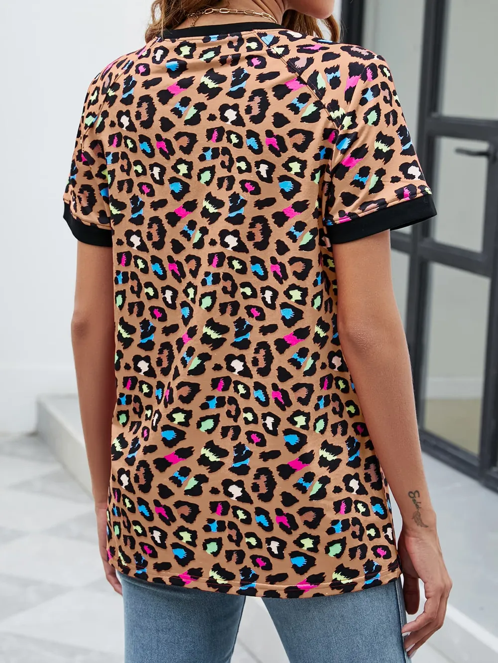 Leopard Round Neck Short Sleeve Tee Shirt, image 24