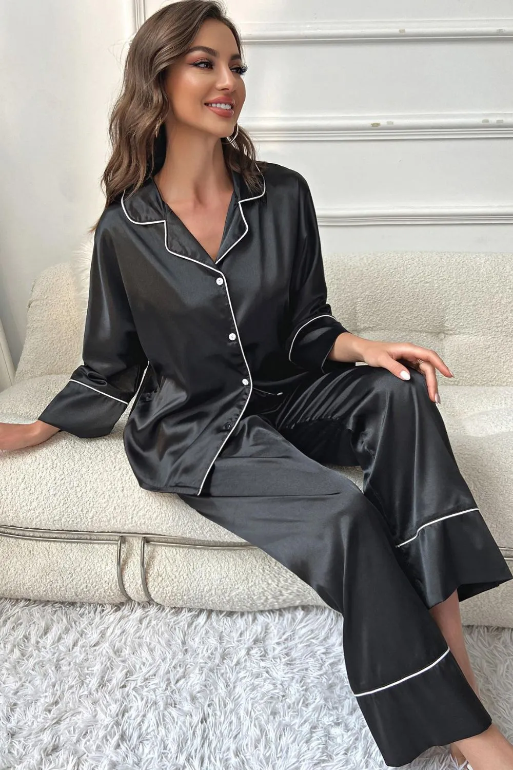 Contrast Piping Button-Up Top and Pants Pajama Set, image 7