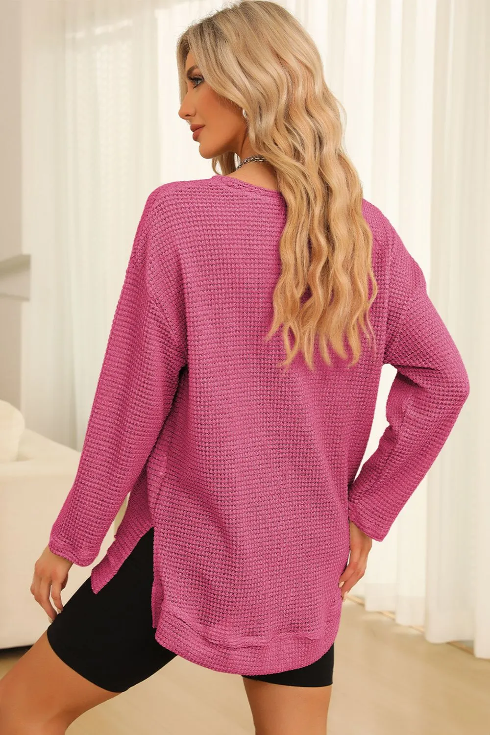 Waffle-Knit Round Neck Long Sleeve Sweatshirt, image 18