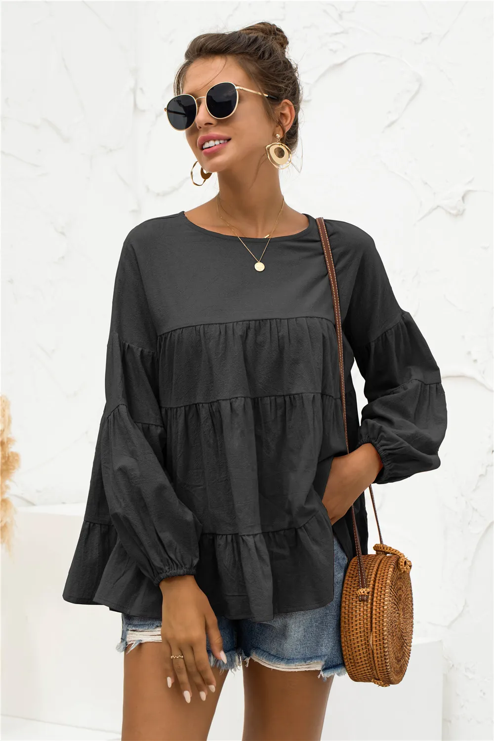Round Neck Bubble Sleeve Tiered Blouse, image 10