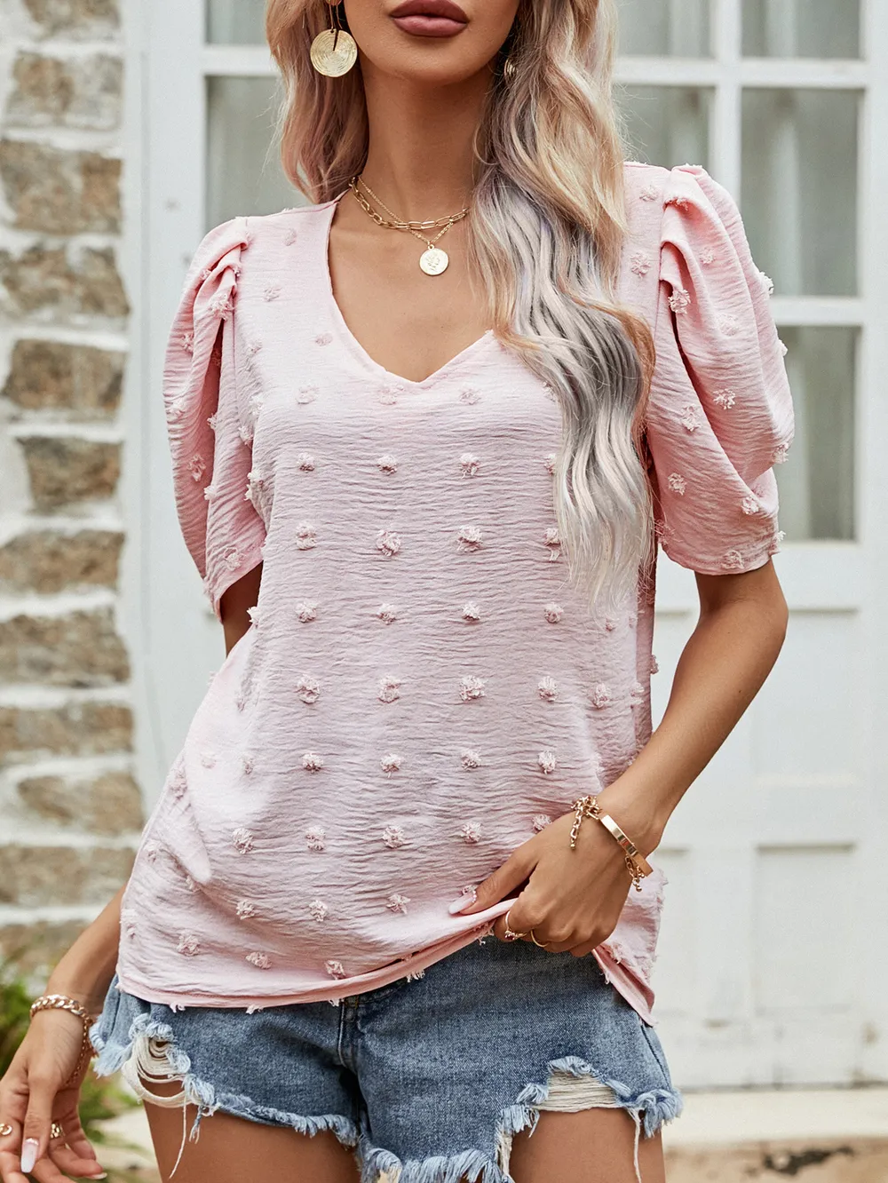 Swiss Dot Short Puff Sleeve Top, image 2