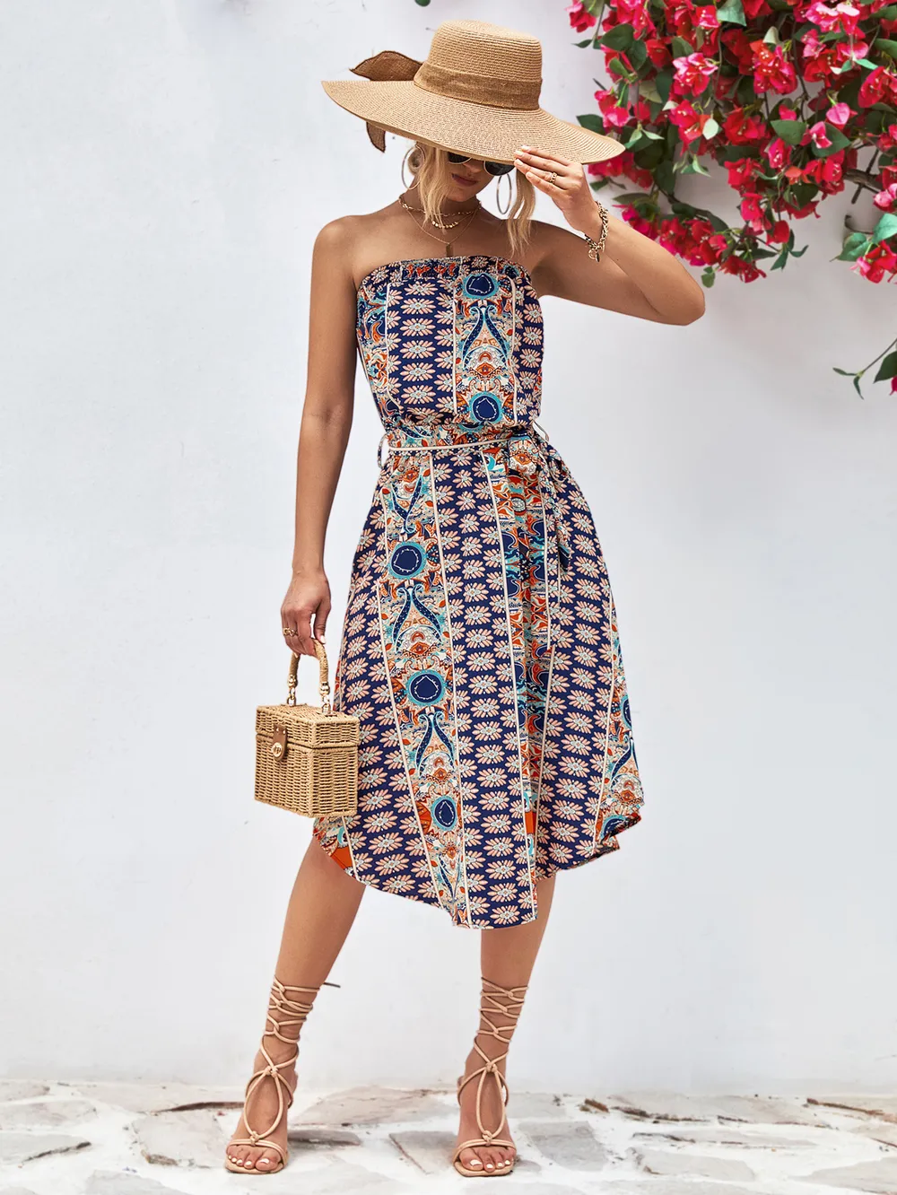 Printed Strapless Tie Belt Dress, image 13