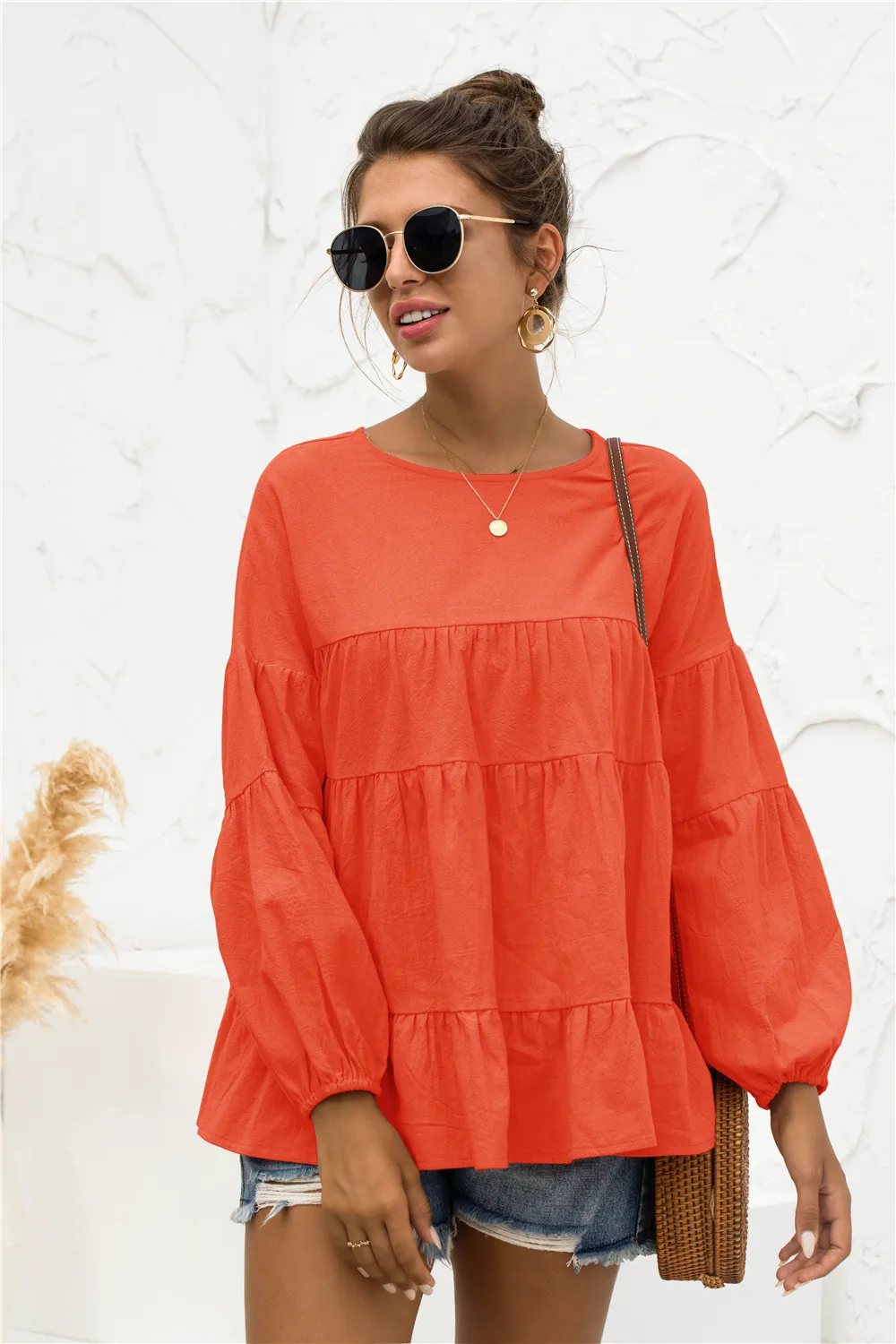 Round Neck Bubble Sleeve Tiered Blouse, image 11