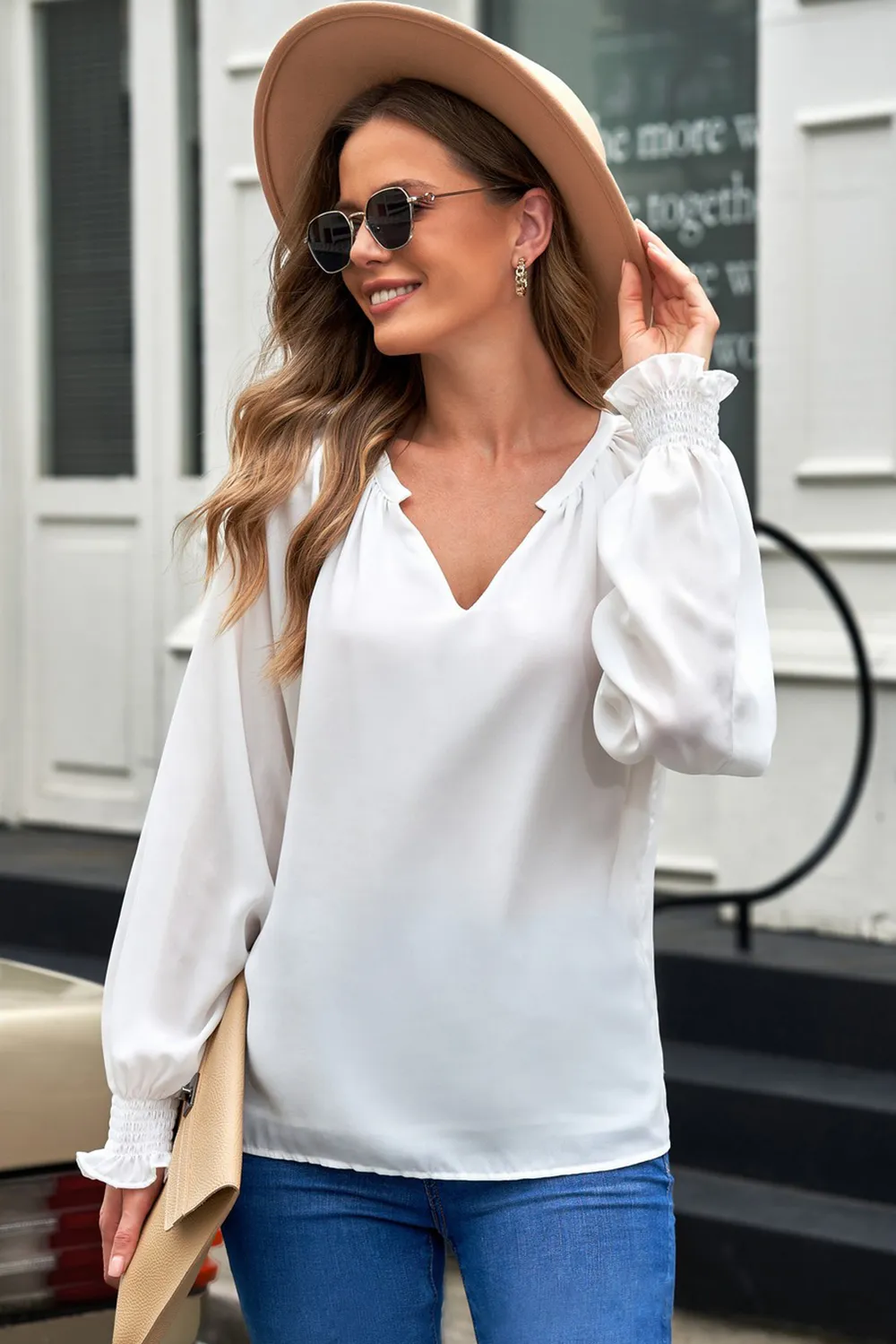 Notched Neck Lantern Sleeve Blouse, image 15