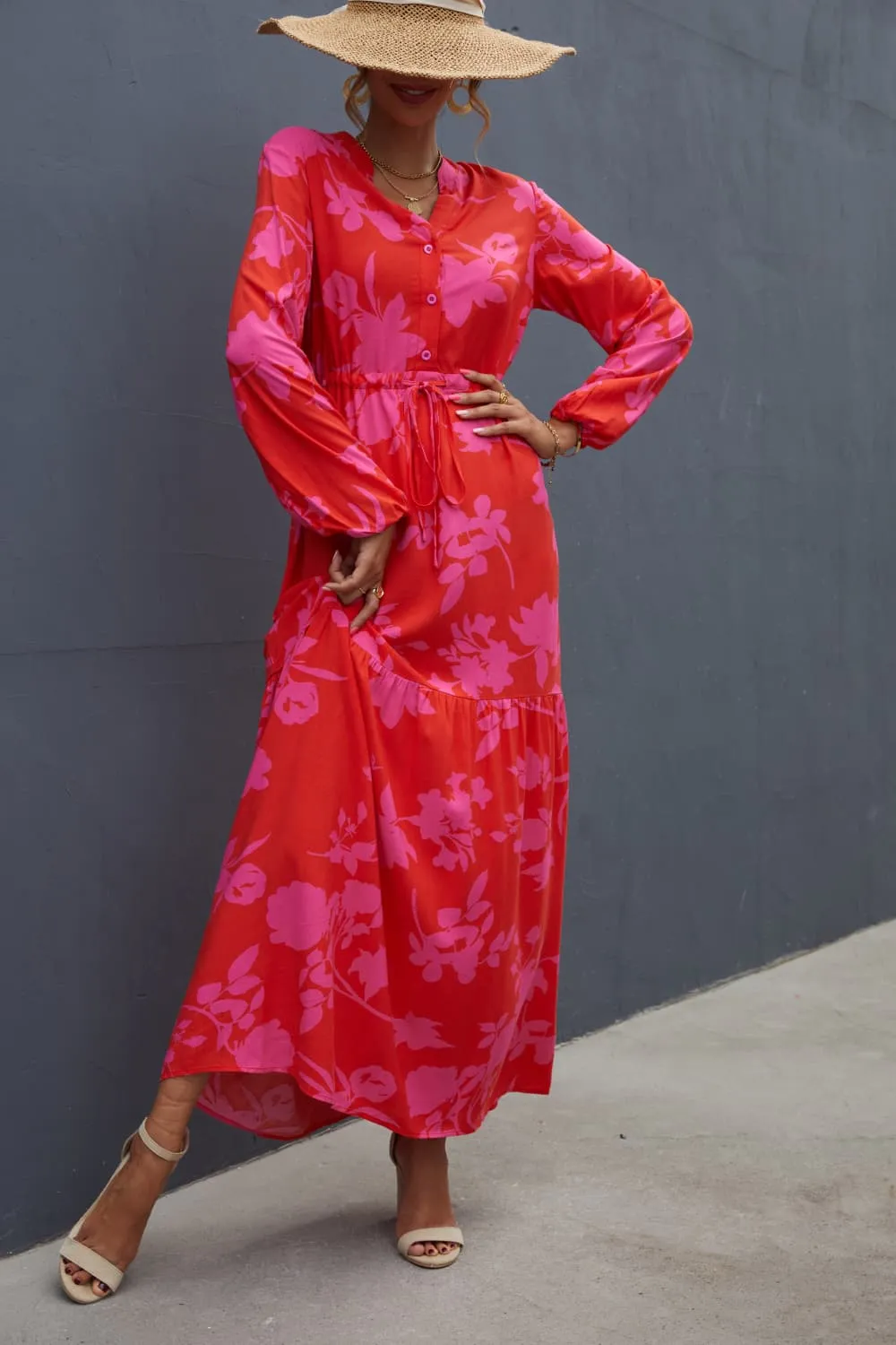 Floral Drawstring Waist Long Sleeve Dress, image 5