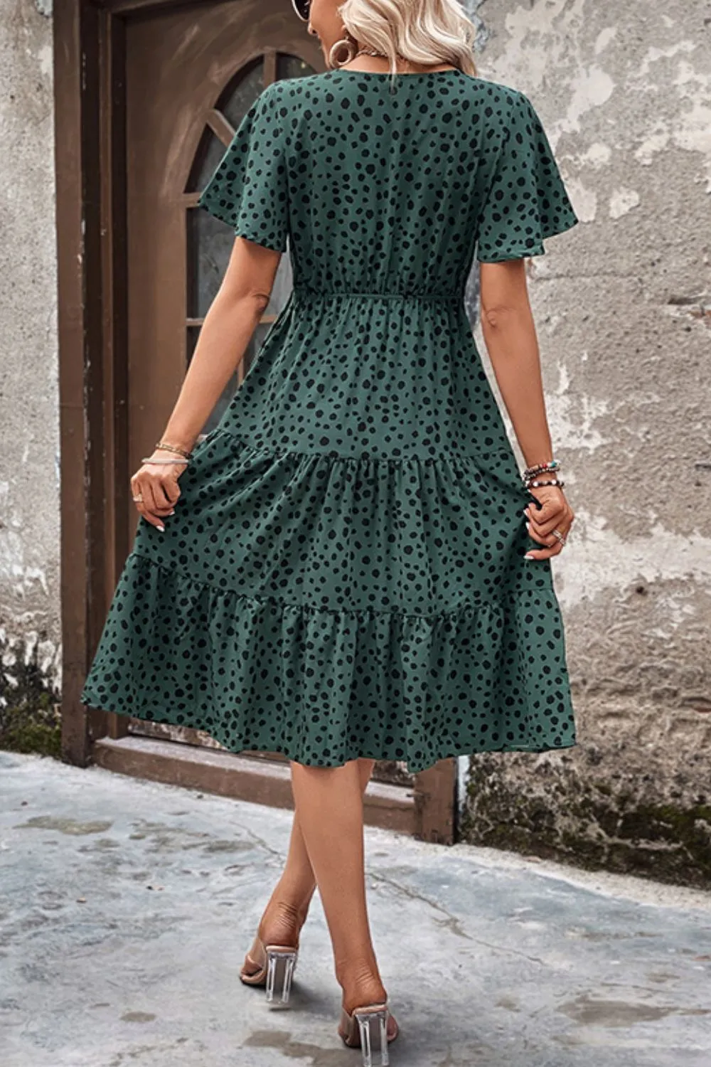Printed Buttoned V-Neck Flutter Sleeve Dress, image 4