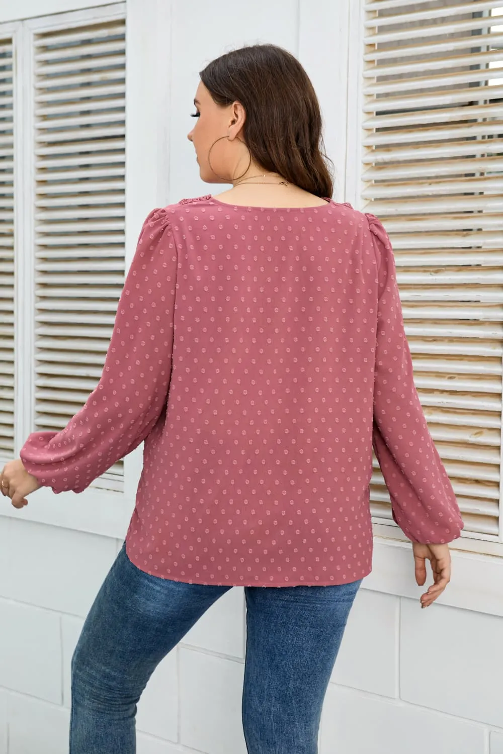 Melo Apparel Plus Size Lace Trim V-Neck Balloon Sleeve Blouse, image 3