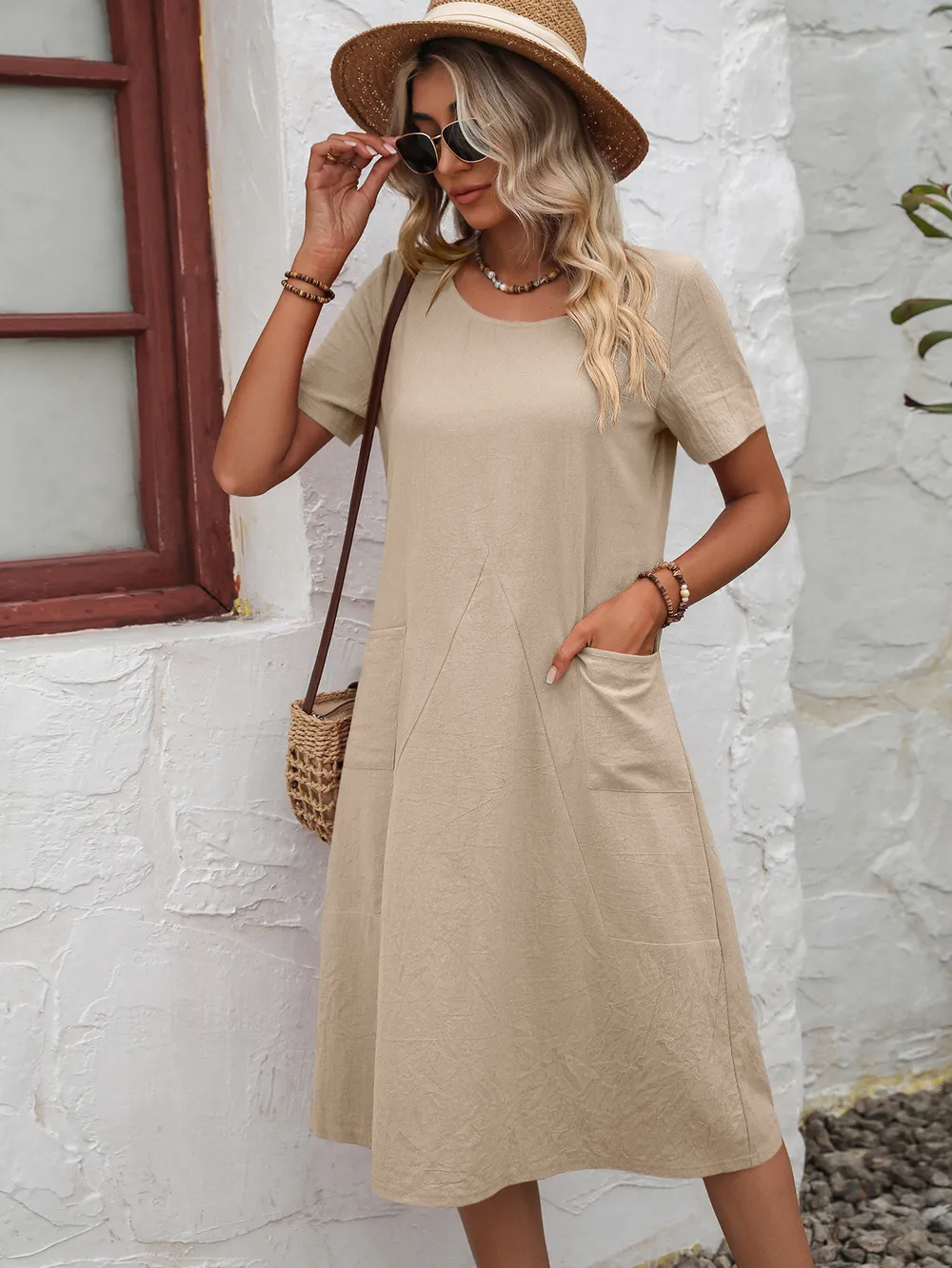 Round Neck Short Sleeve Dress with Pockets, image 10