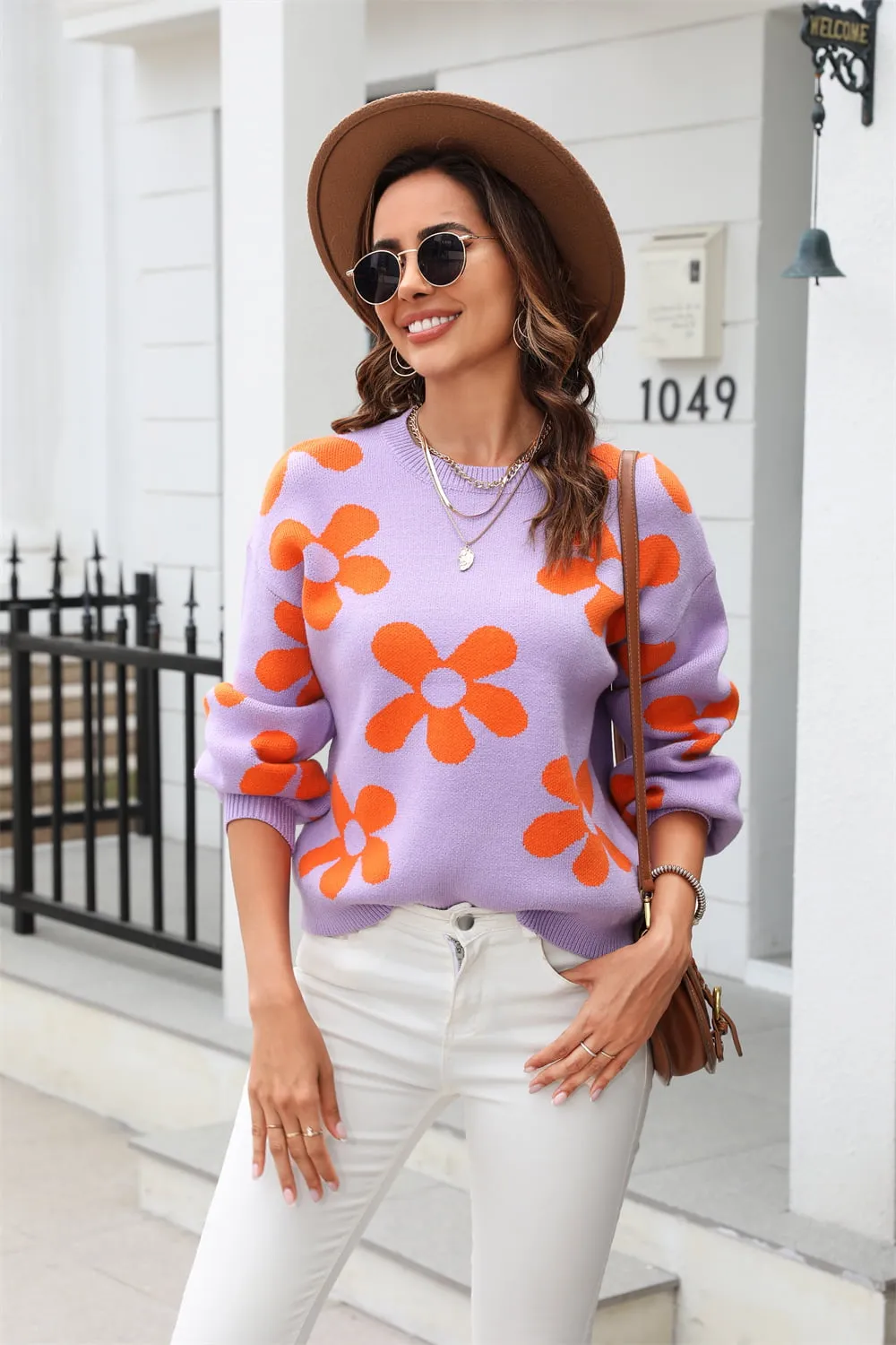 Floral Print Round Neck Dropped Shoulder Pullover Sweater, image 2