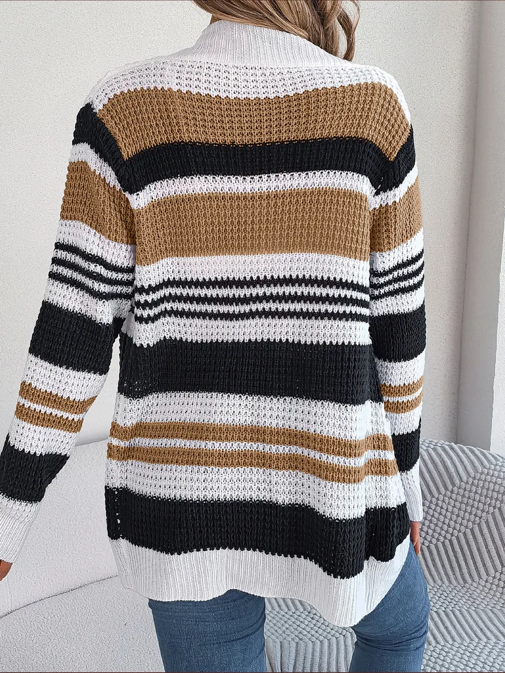 Striped Open Front Long Sleeve Cardigan, image 3