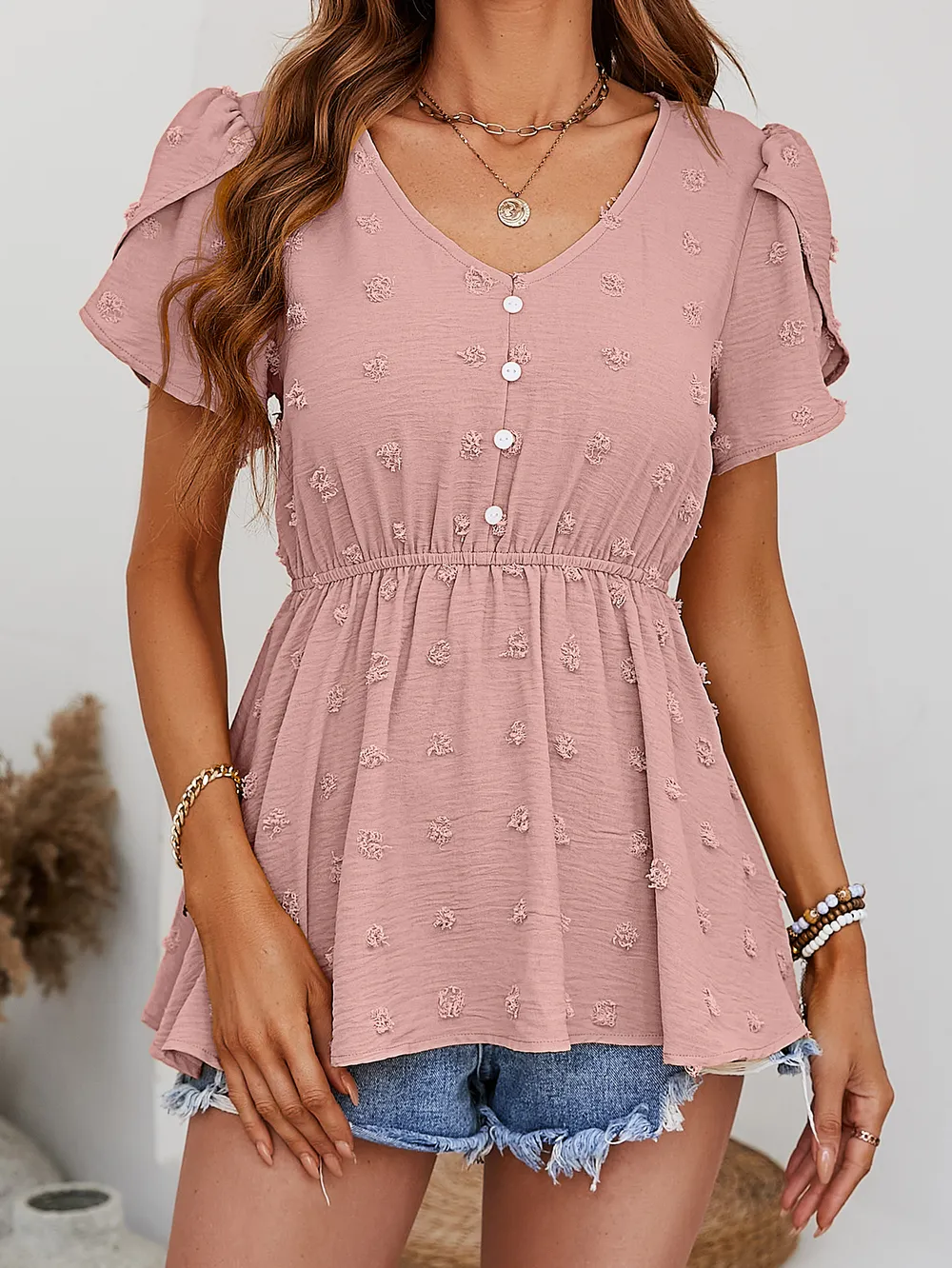 Swiss Dot Buttoned Petal Sleeve Peplum Blouse, image 2