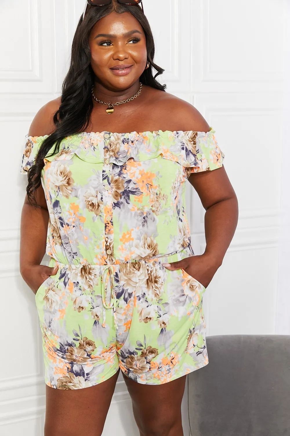 Full Size Pure Delight Floral Off-Shoulder Romper, image 5