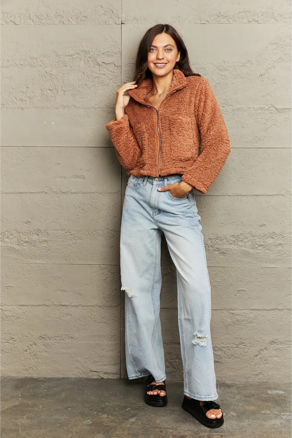 Zip-Up Collared Teddy Jacket, image 4