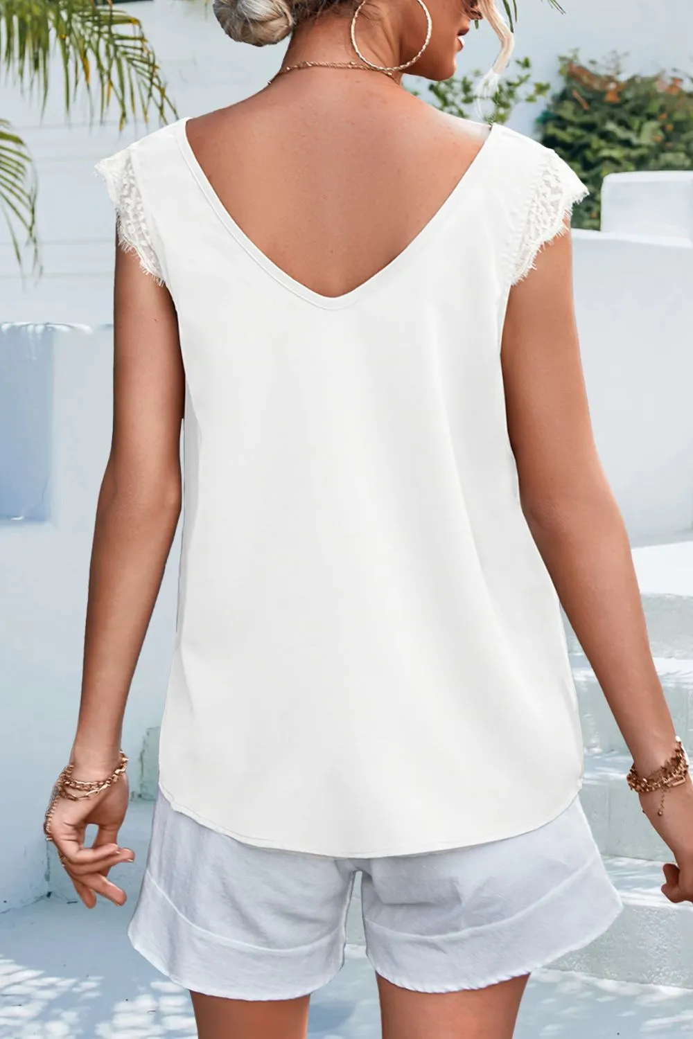Lace Detail Eyelash Trim V-Neck Tank, image 7