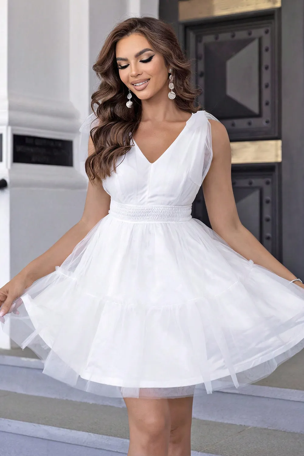 V-Neck Shoulder Detail Mesh Dress, image 8