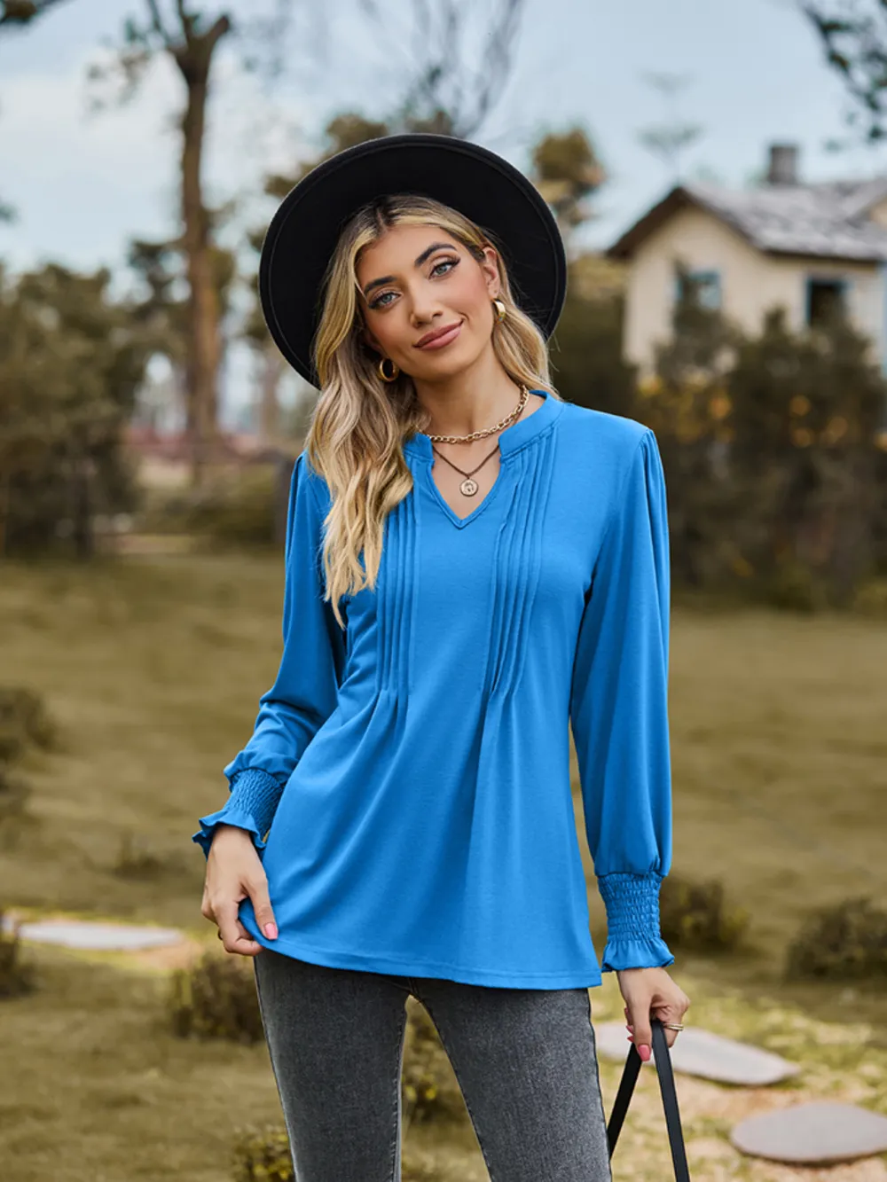 Notched Neck Flounce Sleeve Blouse, image 13