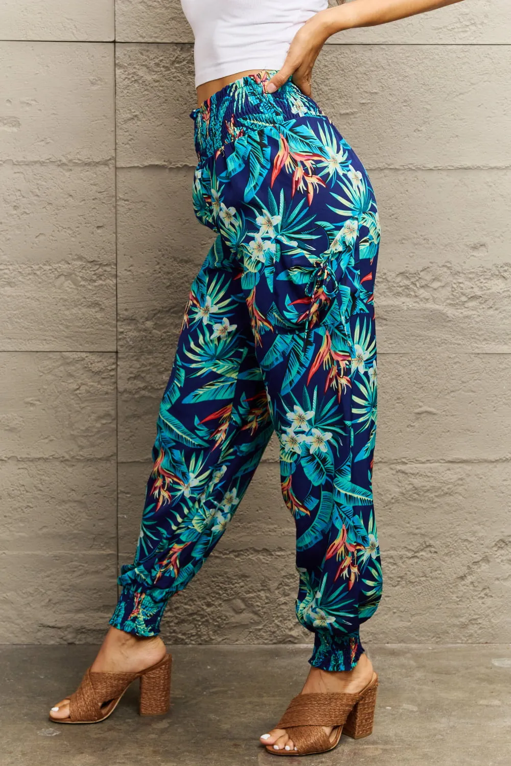 Smocked Plant Print Long Pants, image 4