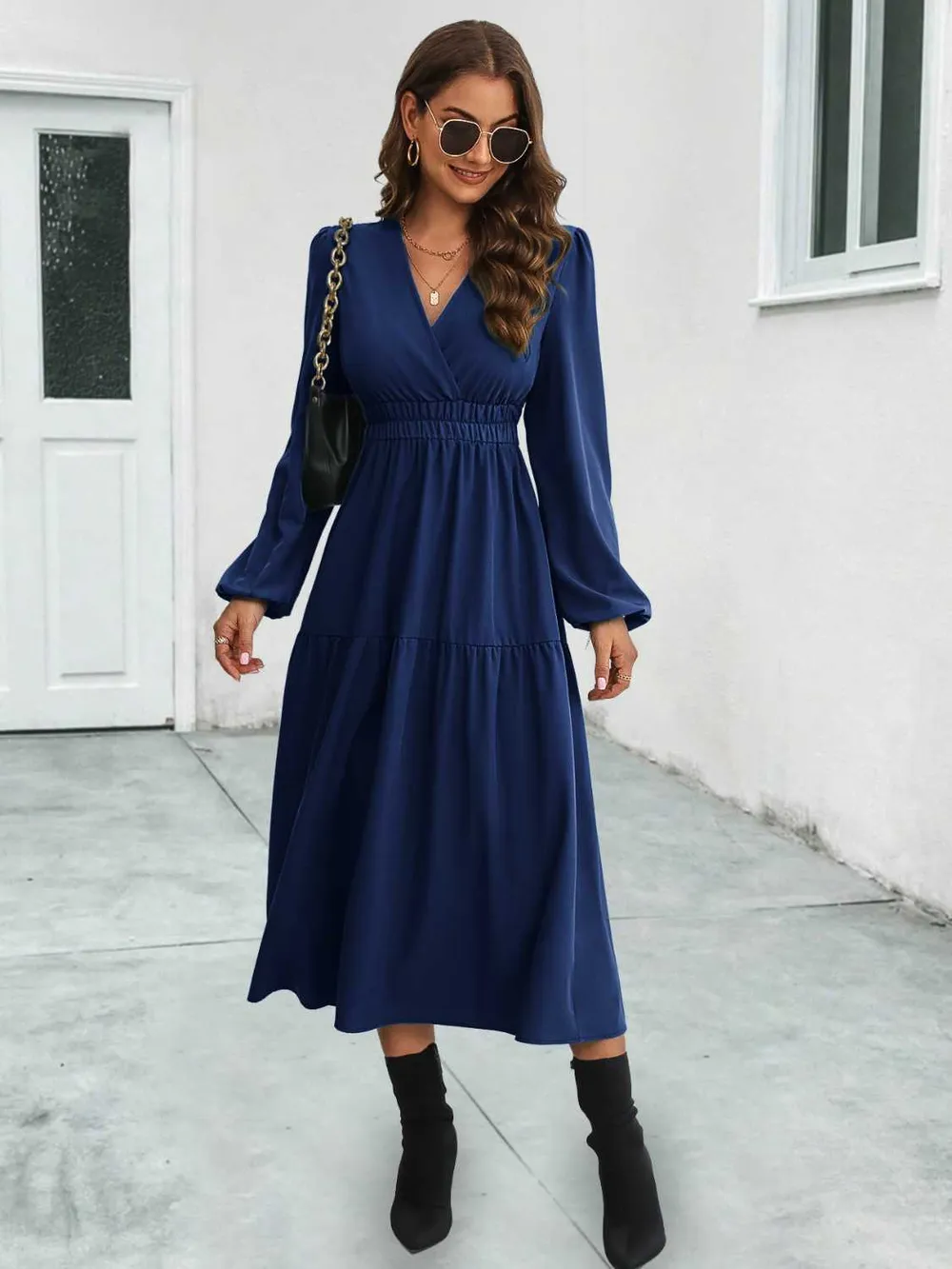 Surplice Neck Long Sleeve Midi Dress, image 8