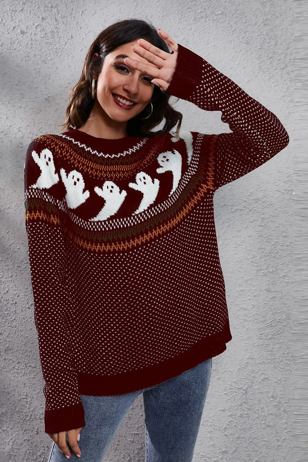 Ghost Pattern Round Neck Long Sleeve Sweater, image 16
