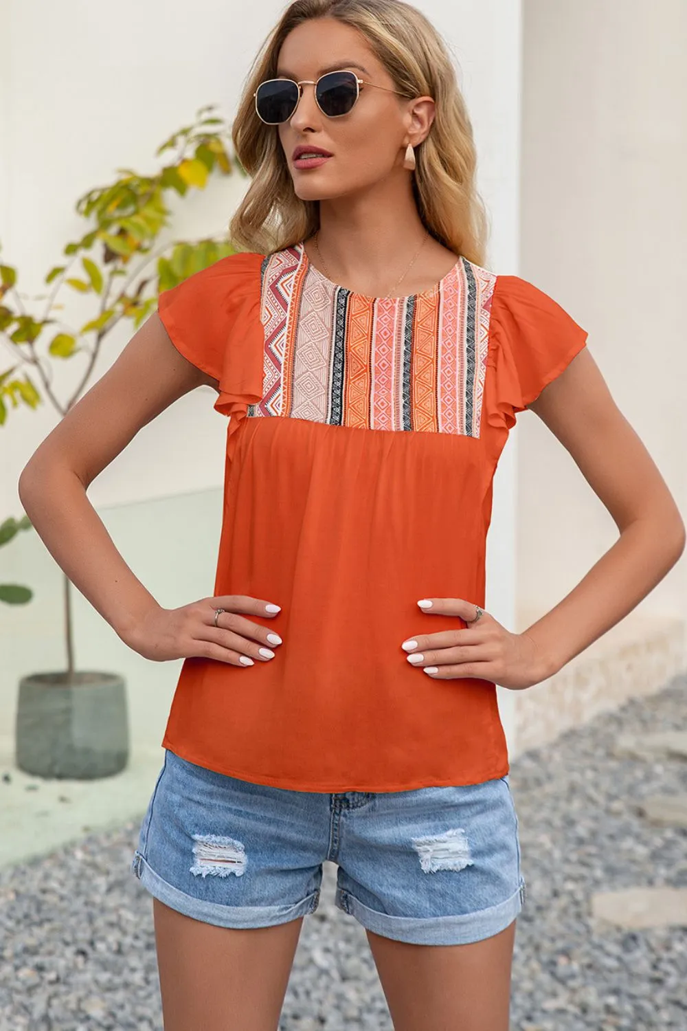 Contrast Print Butterfly Sleeve Top, image 6