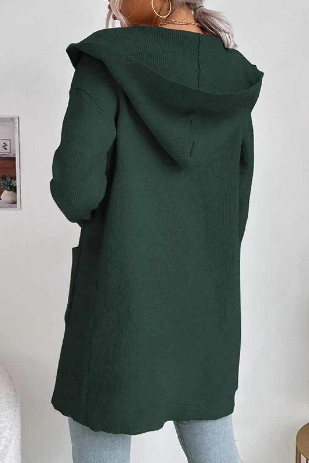 Ribbed Open Front Hooded Cardigan with Pockets, image 8
