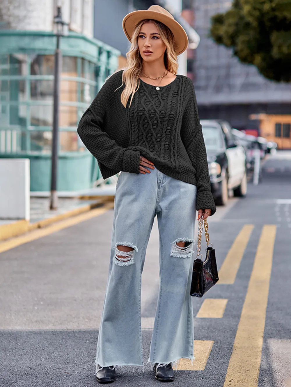 Round Neck Cable-Knit Sweater, image 4