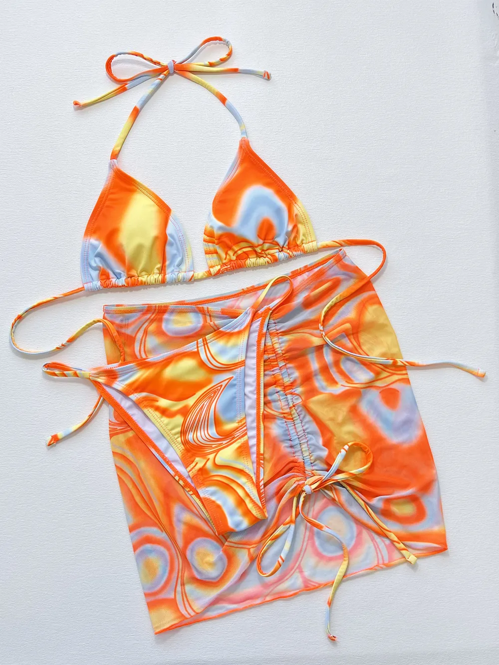 Multicolored Drawstring Ruched Three-Piece Swim Set, image 5
