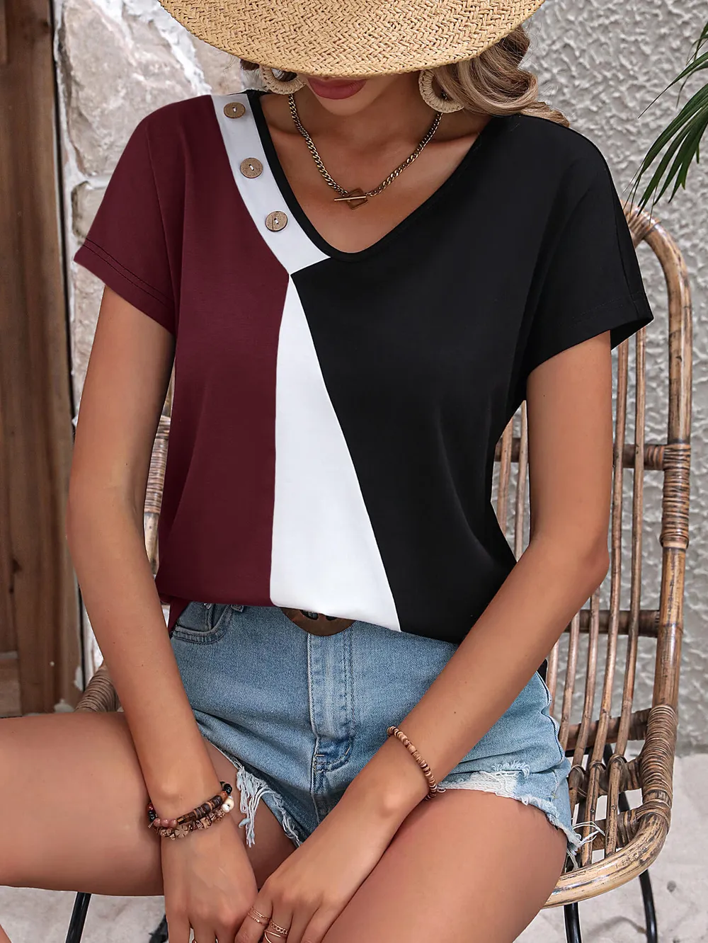 Color Block Decorative Button V-Neck Tee, image 15