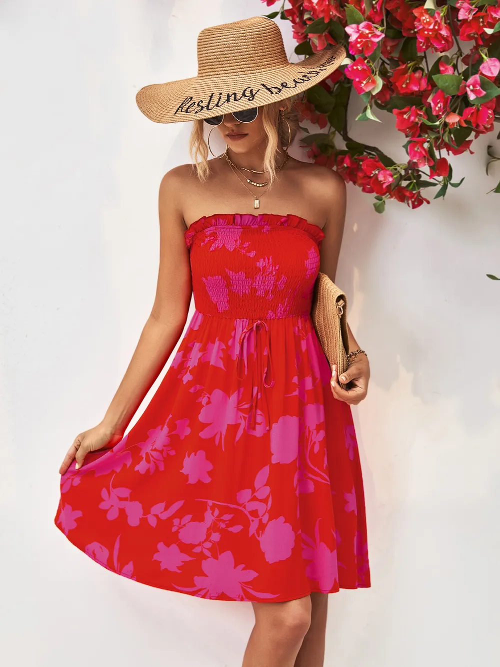 Floral Frill Trim Strapless Smocked Dress, image 8