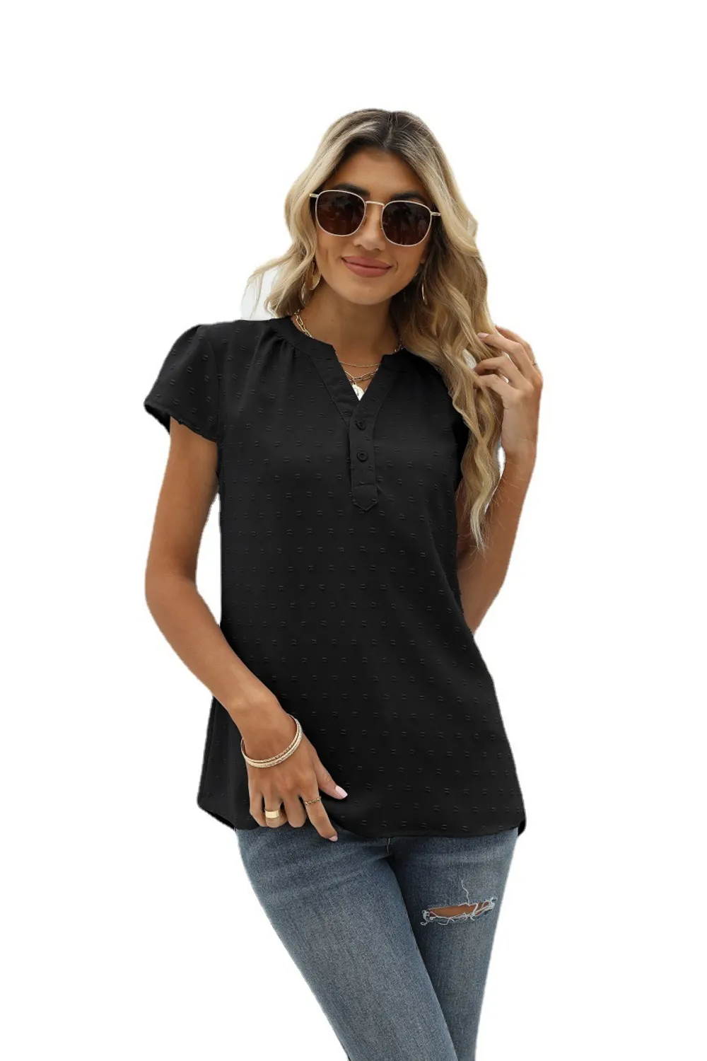 Swiss Dot Notched Neck Short Sleeve Top, image 19