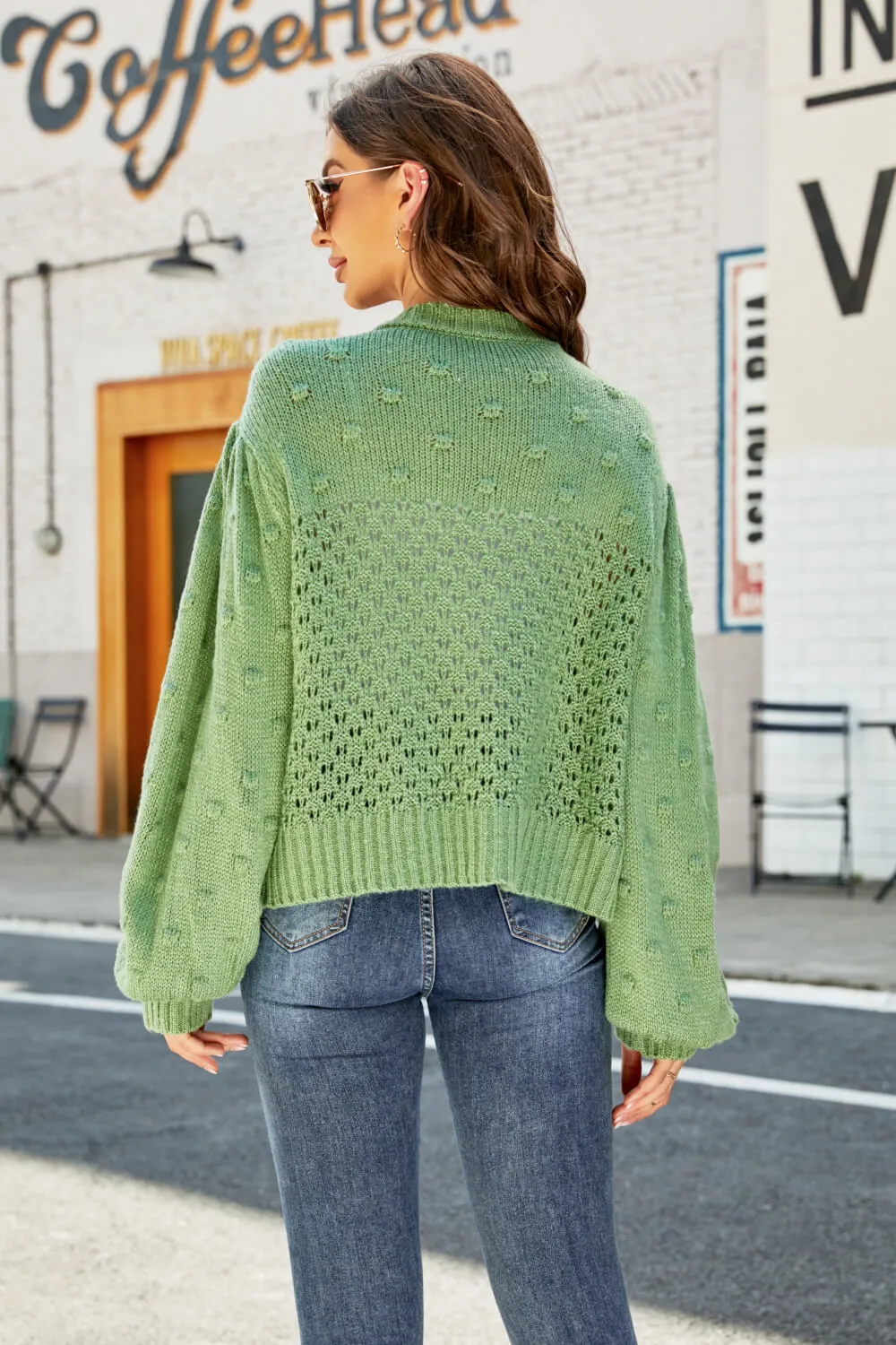 Openwork Pompom Puff Sleeve Cardigan, image 13