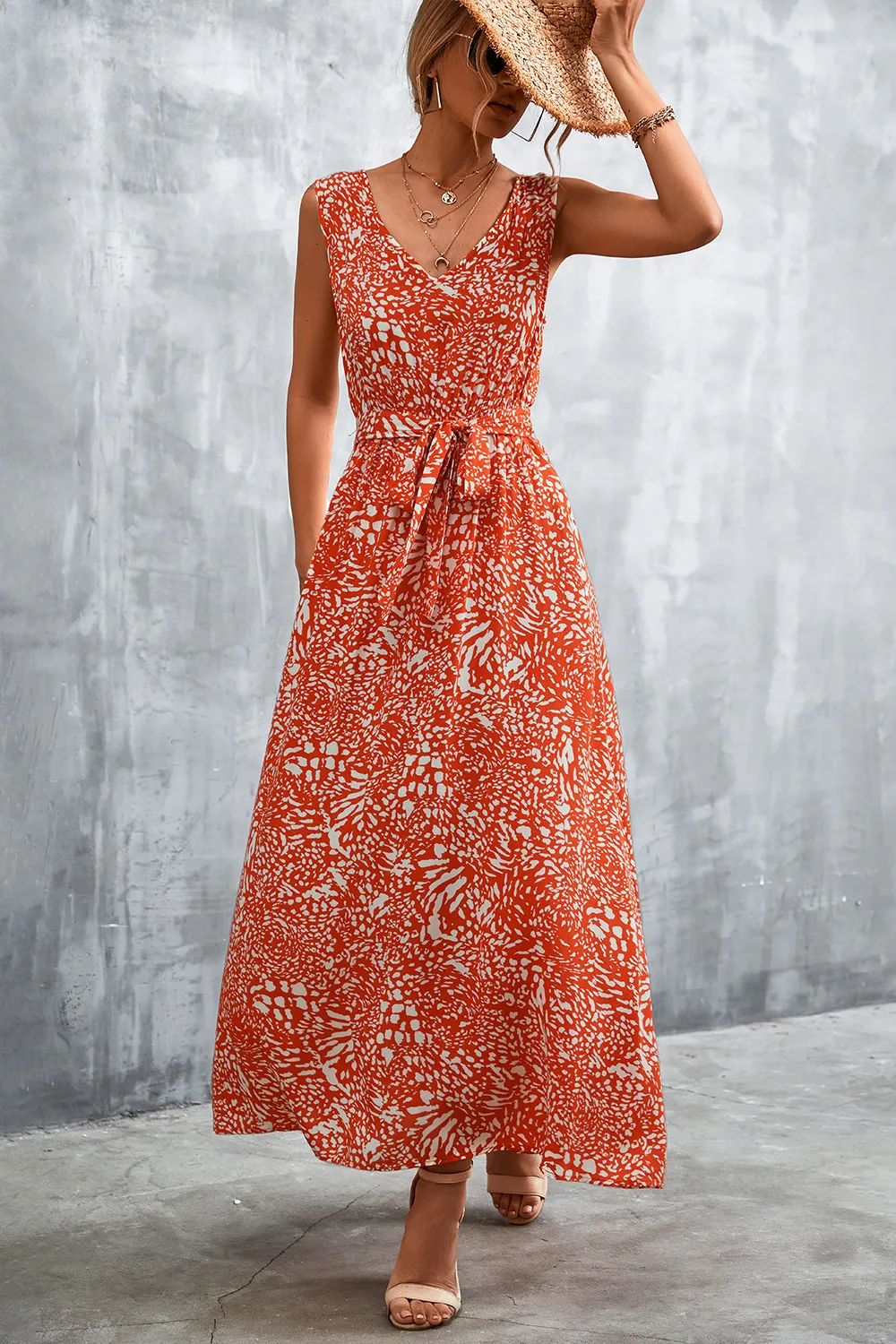 Printed V-Neck Tie Waist Maxi Dress, image 14