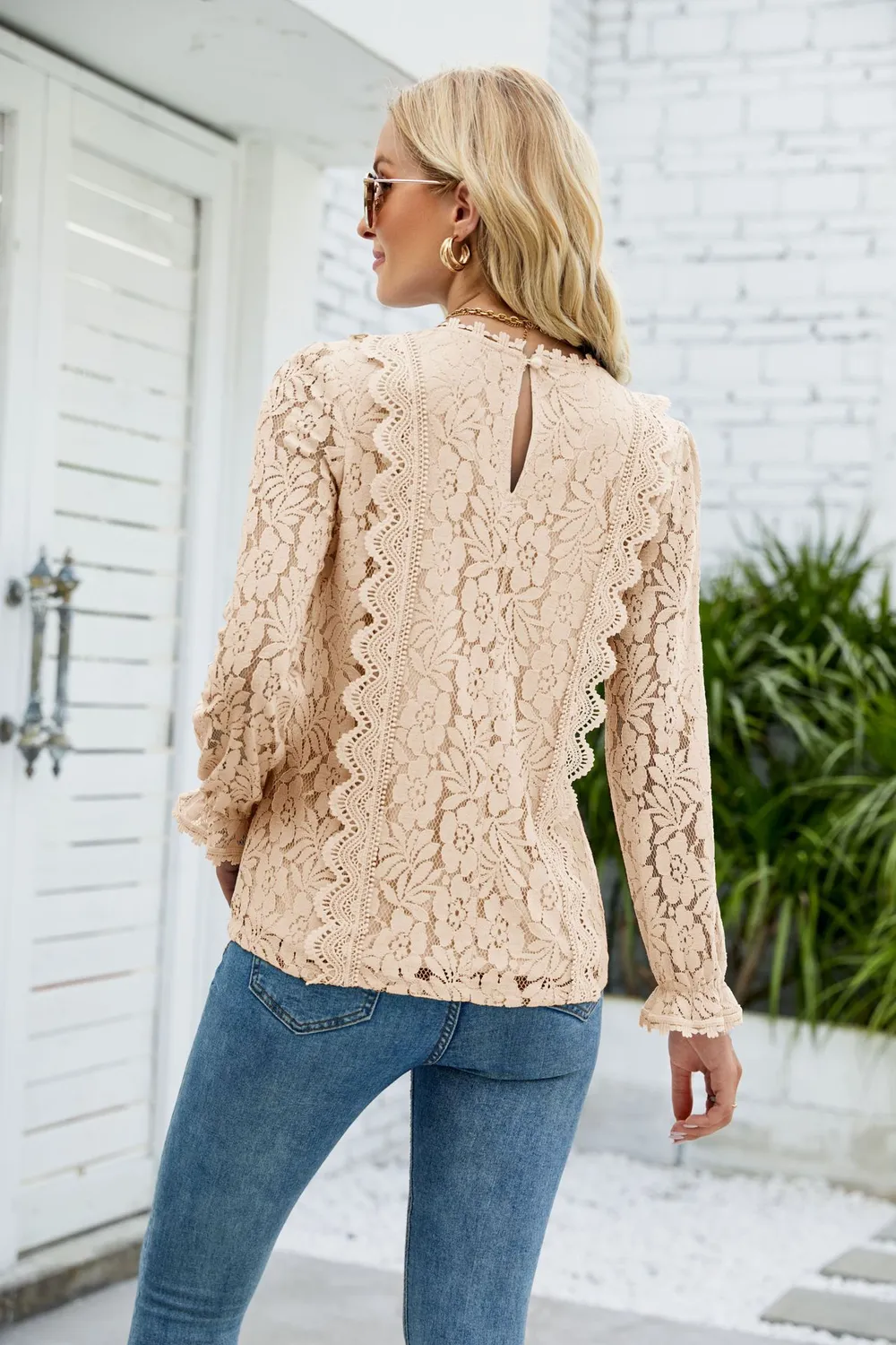 V-Neck Flounce Sleeve Lace Top, image 12